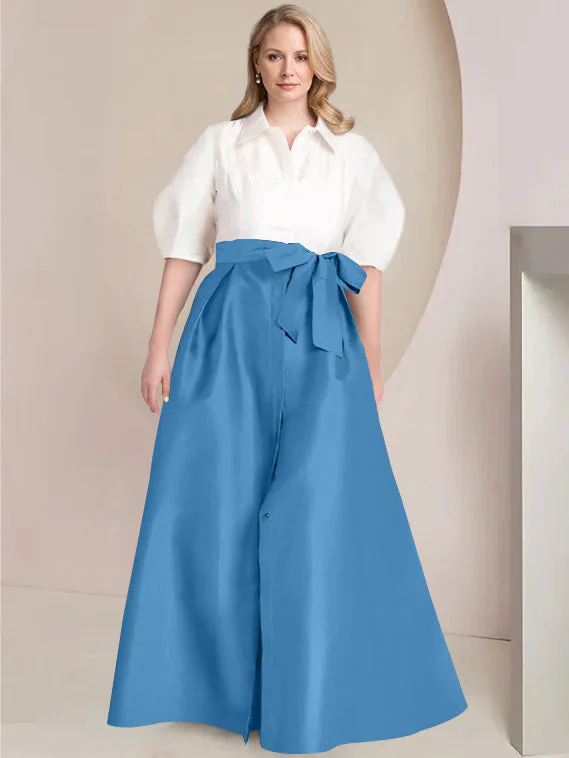 A-Line/Princess Shirt Collar Short Sleeves Floor-Length Plus Size Mother Of The Bride Dresses with Bowknot - Image 41