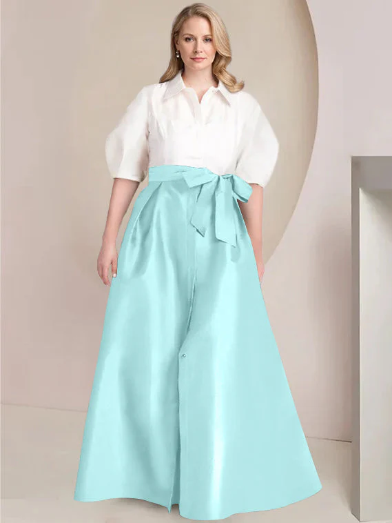 A-Line/Princess Shirt Collar Short Sleeves Floor-Length Plus Size Mother Of The Bride Dresses with Bowknot - Image 42