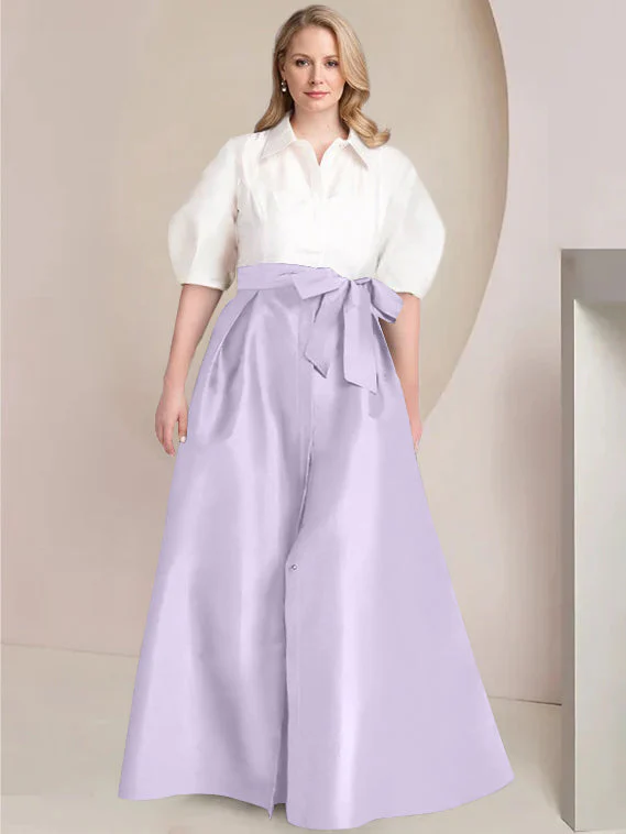 A-Line/Princess Shirt Collar Short Sleeves Floor-Length Plus Size Mother Of The Bride Dresses with Bowknot - Image 43