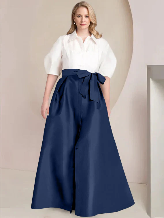 A-Line/Princess Shirt Collar Short Sleeves Floor-Length Plus Size Mother Of The Bride Dresses with Bowknot - Image 49