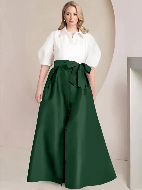 A-Line/Princess Shirt Collar Short Sleeves Floor-Length Plus Size Mother Of The Bride Dresses with Bowknot - Image 8