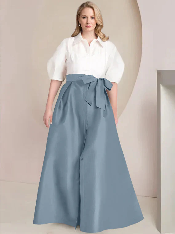 A-Line/Princess Shirt Collar Short Sleeves Floor-Length Plus Size Mother Of The Bride Dresses with Bowknot - Image 9
