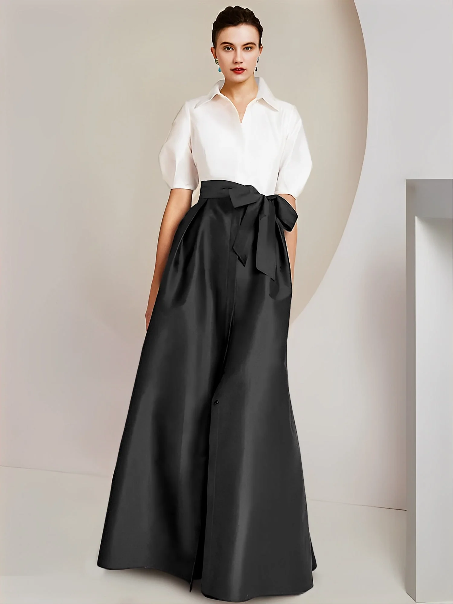 A-Line/Princess Shirt Collar Short Sleeves Floor-Length 2 pieces Mother Of The Bride Dresses with Bowknot