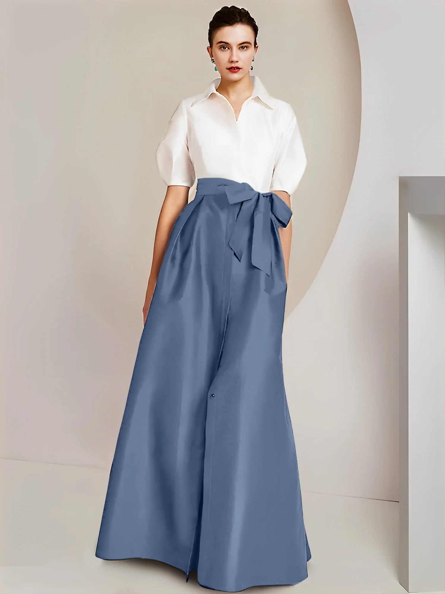 A-Line/Princess Shirt Collar Short Sleeves Floor-Length 2 pieces Mother Of The Bride Dresses with Bowknot - Image 10