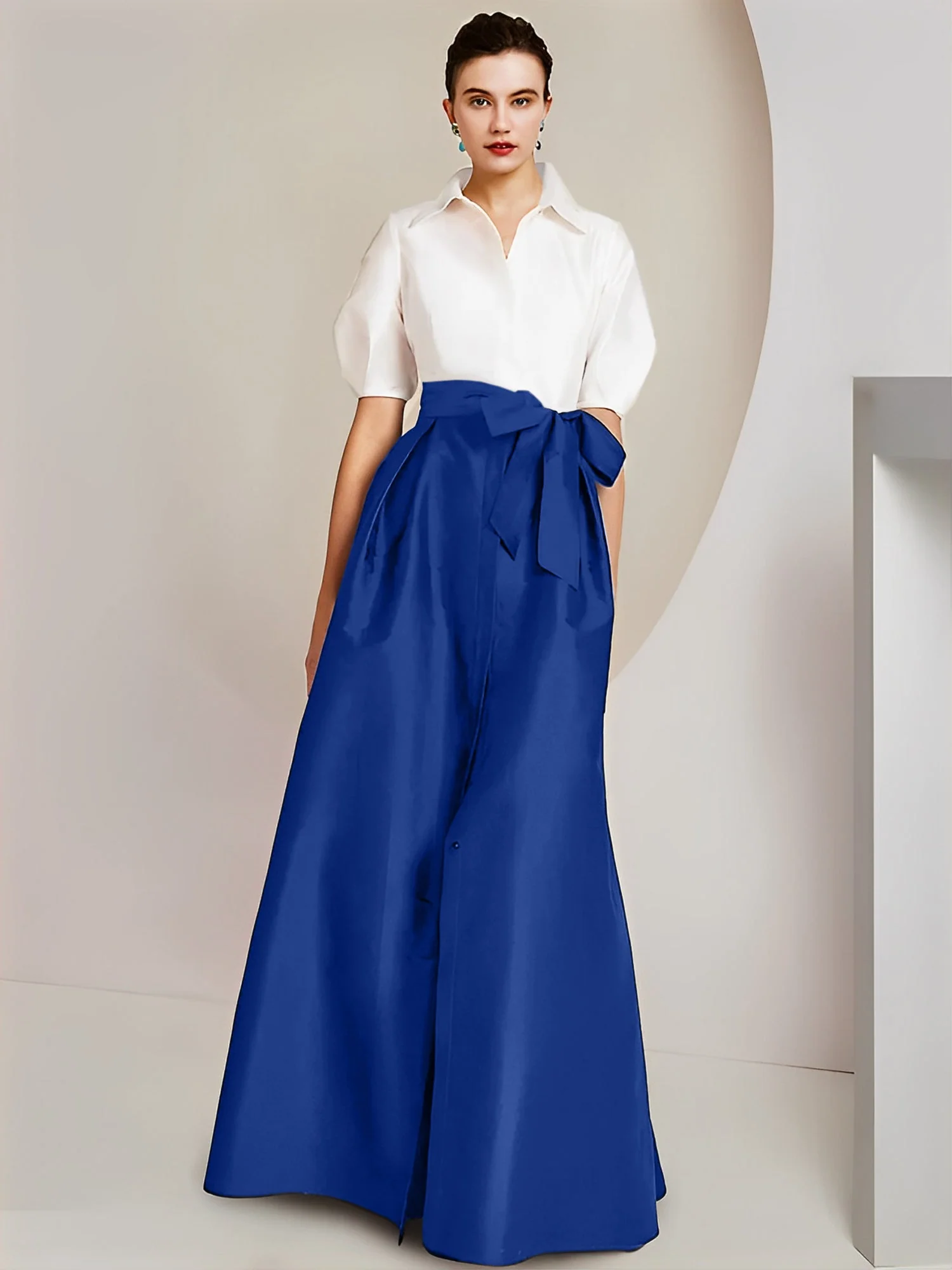 A-Line/Princess Shirt Collar Short Sleeves Floor-Length 2 pieces Mother Of The Bride Dresses with Bowknot - Image 12