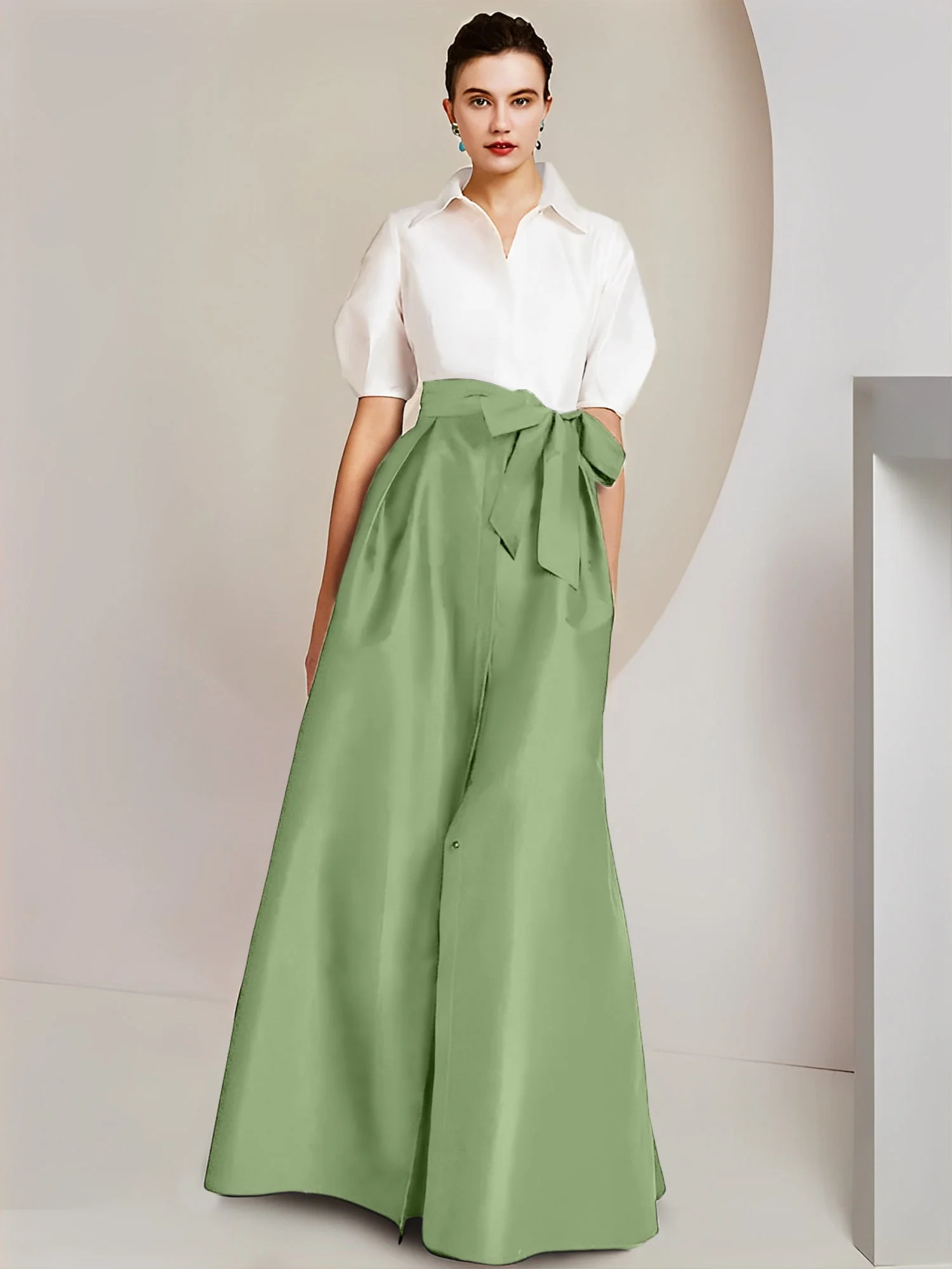 A-Line/Princess Shirt Collar Short Sleeves Floor-Length 2 pieces Mother Of The Bride Dresses with Bowknot - Image 14