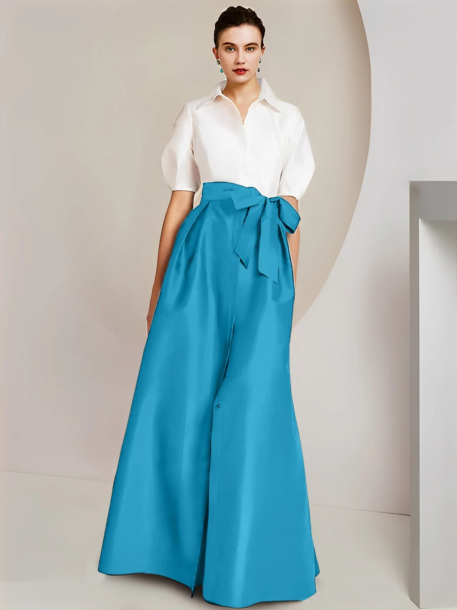 A-Line/Princess Shirt Collar Short Sleeves Floor-Length 2 pieces Mother Of The Bride Dresses with Bowknot - Image 16