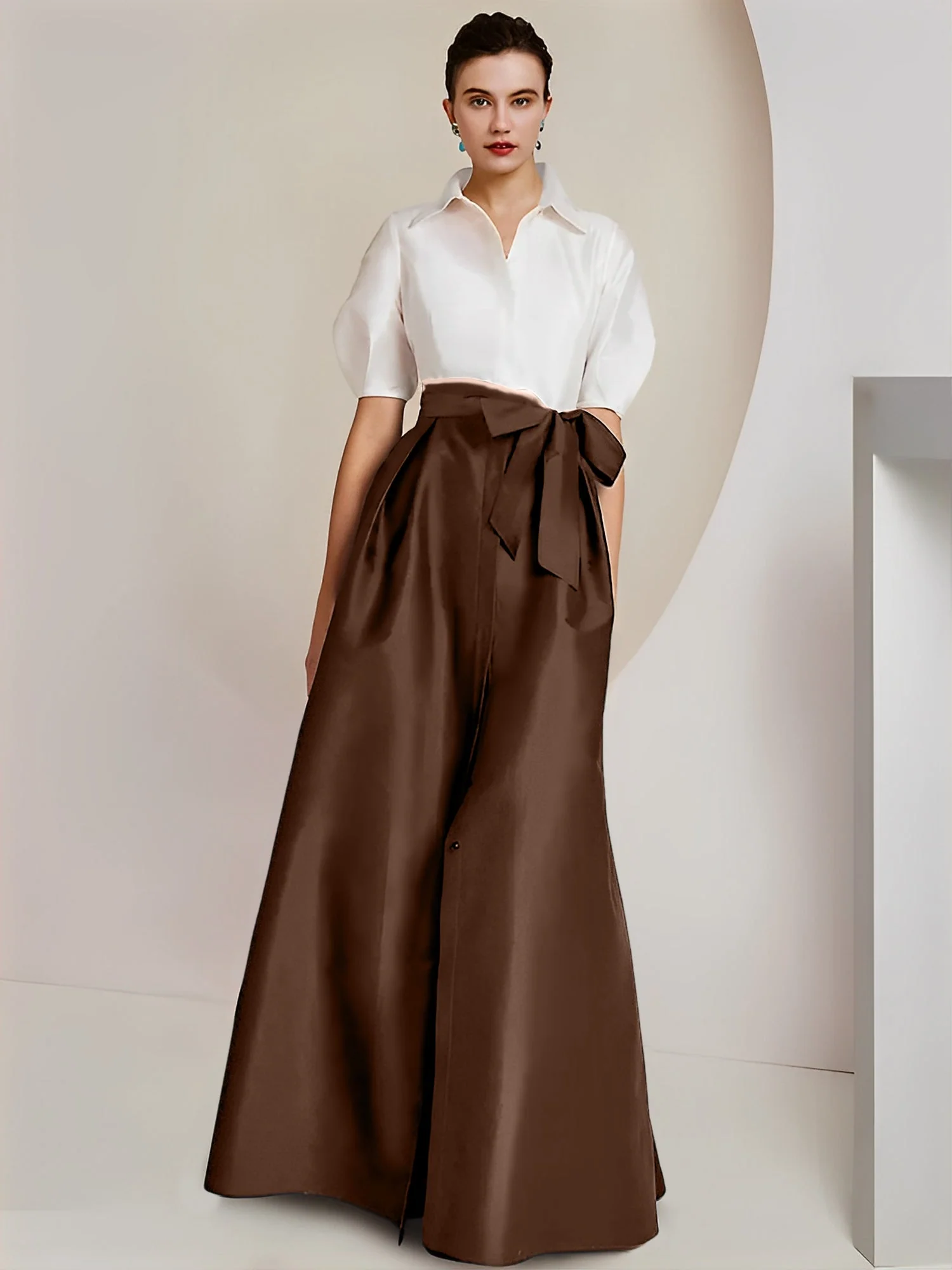 A-Line/Princess Shirt Collar Short Sleeves Floor-Length 2 pieces Mother Of The Bride Dresses with Bowknot - Image 18