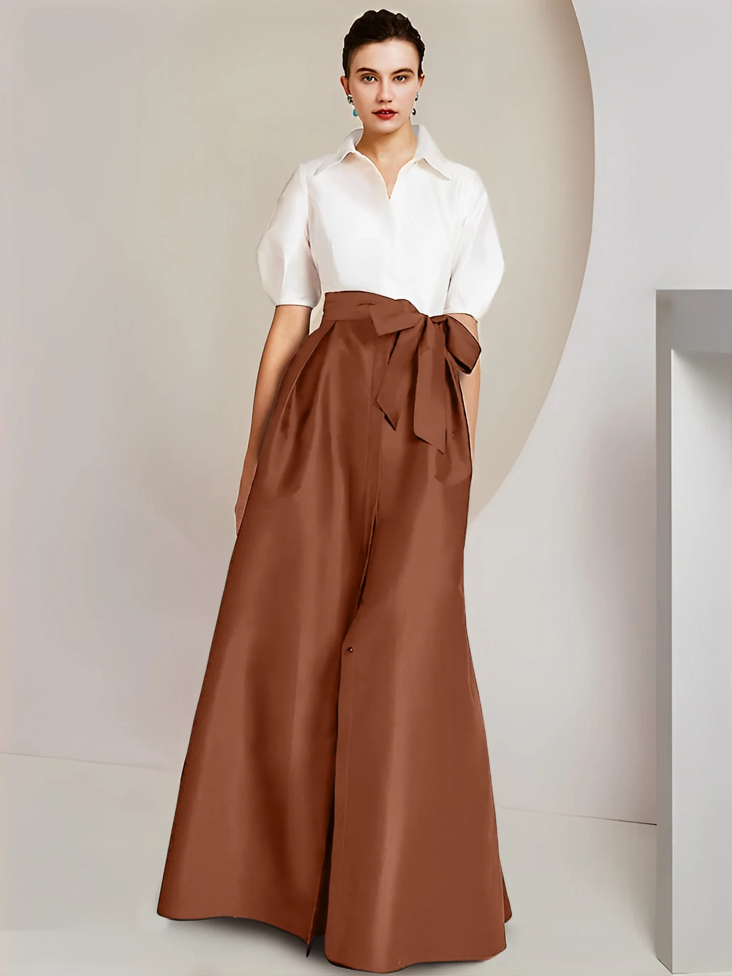 A-Line/Princess Shirt Collar Short Sleeves Floor-Length 2 pieces Mother Of The Bride Dresses with Bowknot - Image 20