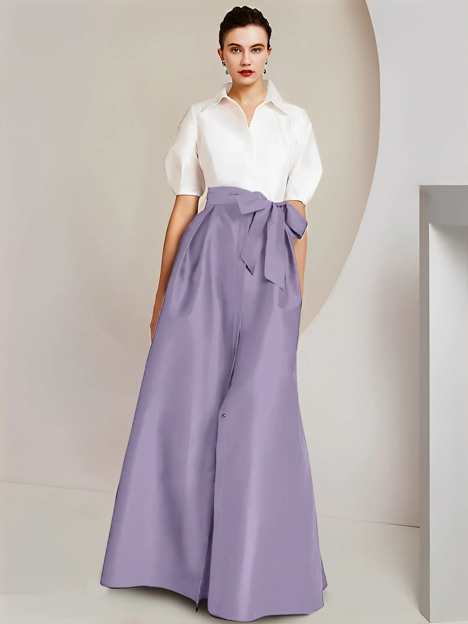 A-Line/Princess Shirt Collar Short Sleeves Floor-Length 2 pieces Mother Of The Bride Dresses with Bowknot - Image 24