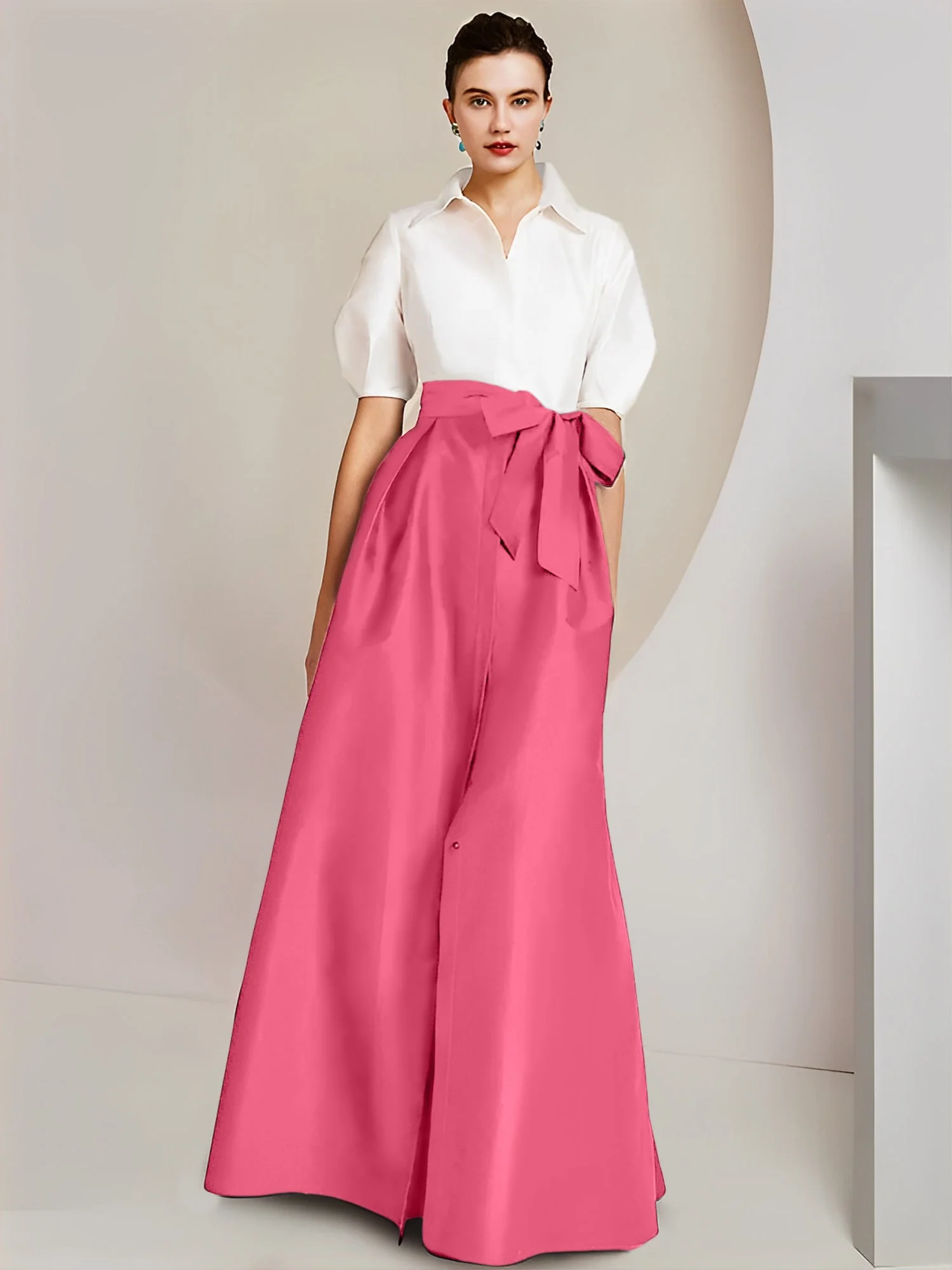 A-Line/Princess Shirt Collar Short Sleeves Floor-Length 2 pieces Mother Of The Bride Dresses with Bowknot - Image 28