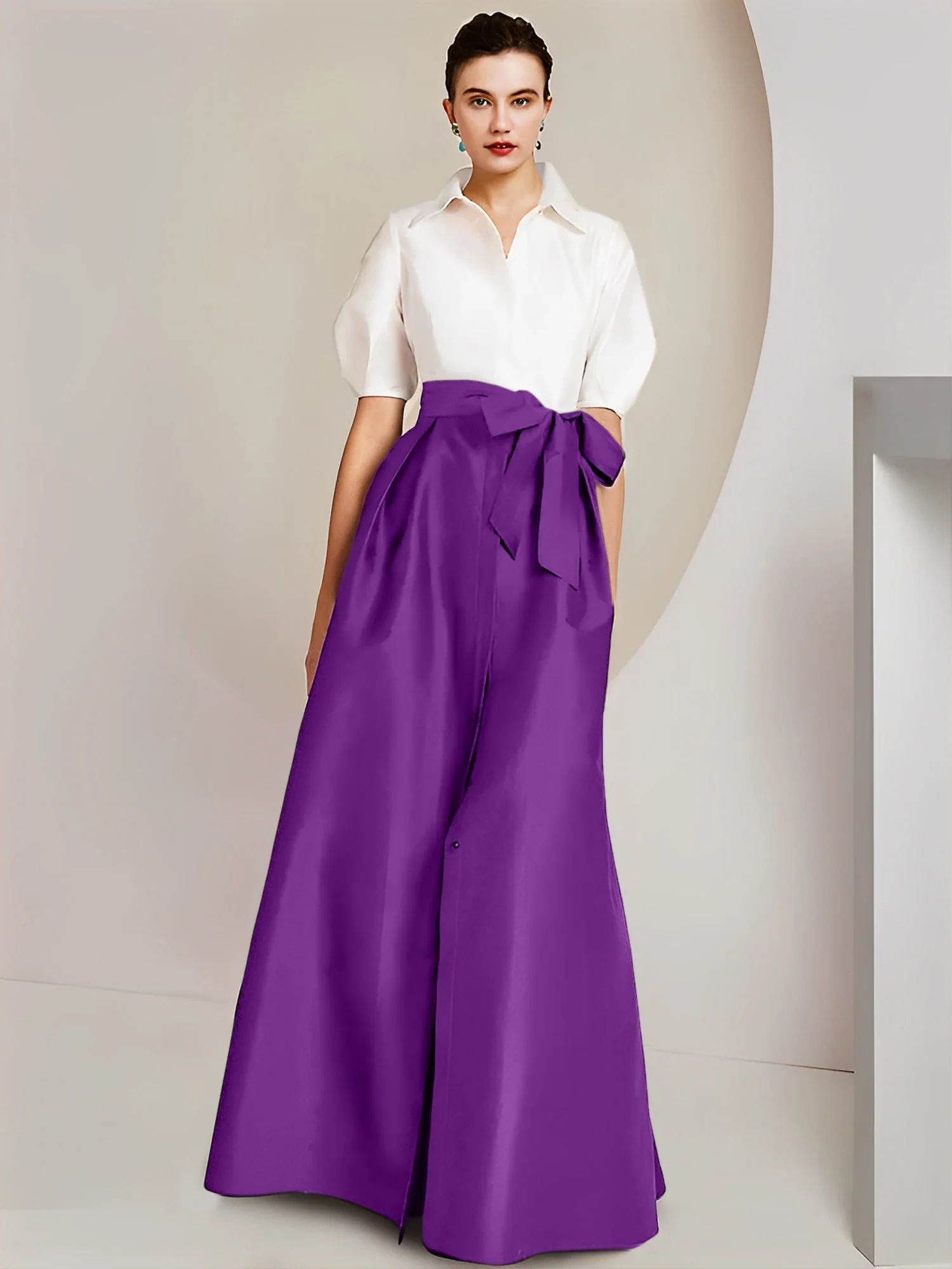 A-Line/Princess Shirt Collar Short Sleeves Floor-Length 2 pieces Mother Of The Bride Dresses with Bowknot - Image 30