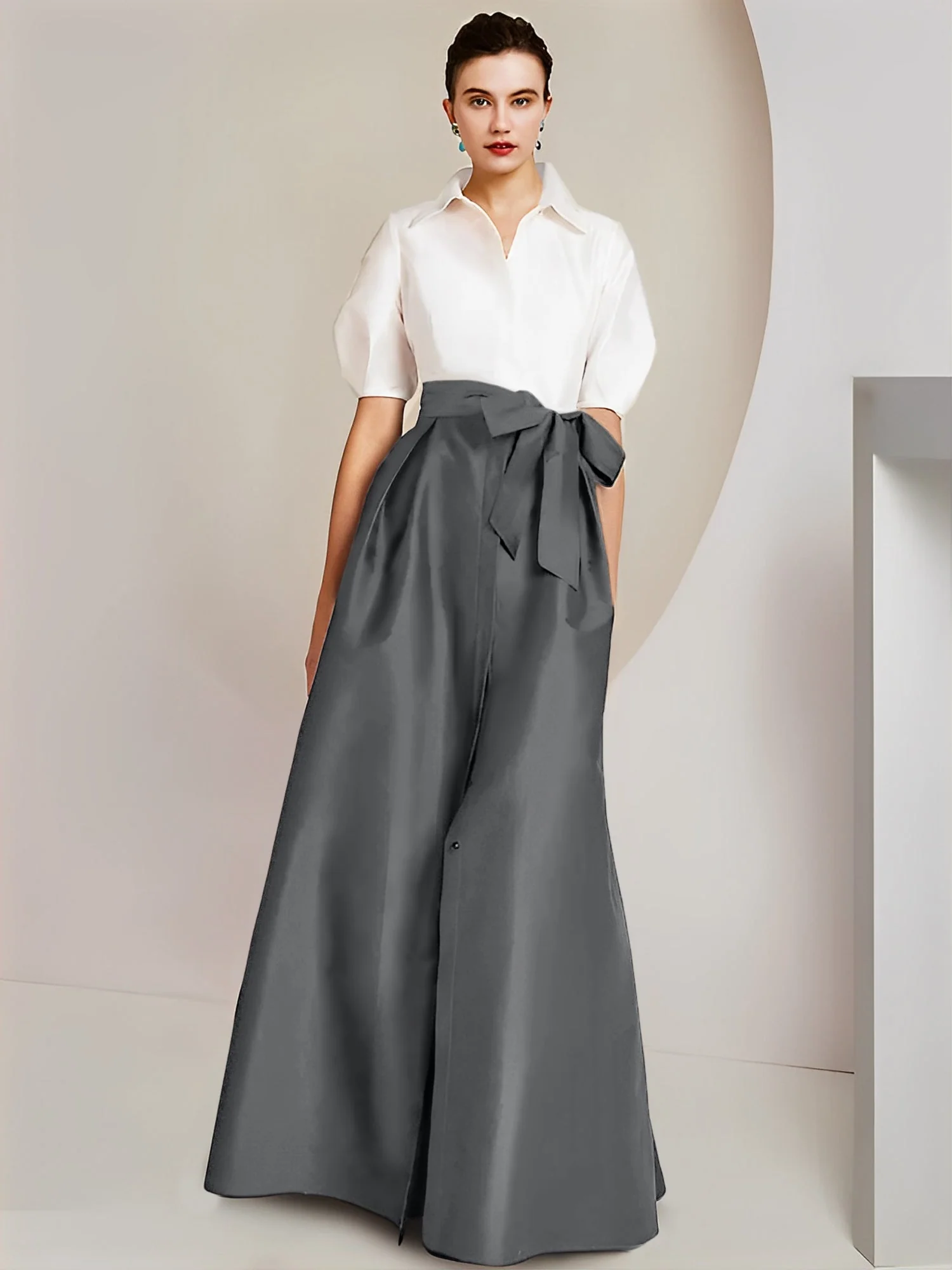 A-Line/Princess Shirt Collar Short Sleeves Floor-Length 2 pieces Mother Of The Bride Dresses with Bowknot - Image 31
