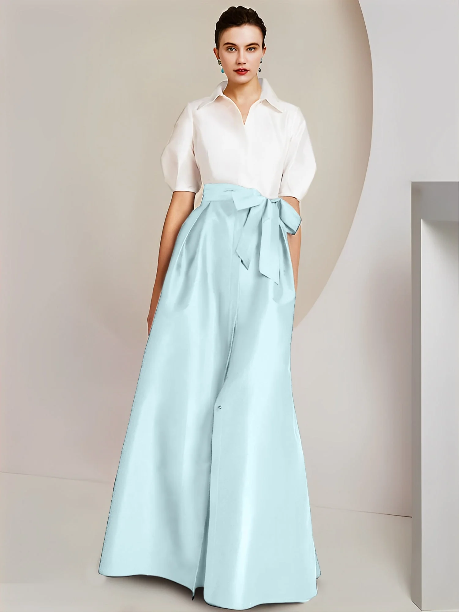 A-Line/Princess Shirt Collar Short Sleeves Floor-Length 2 pieces Mother Of The Bride Dresses with Bowknot - Image 36