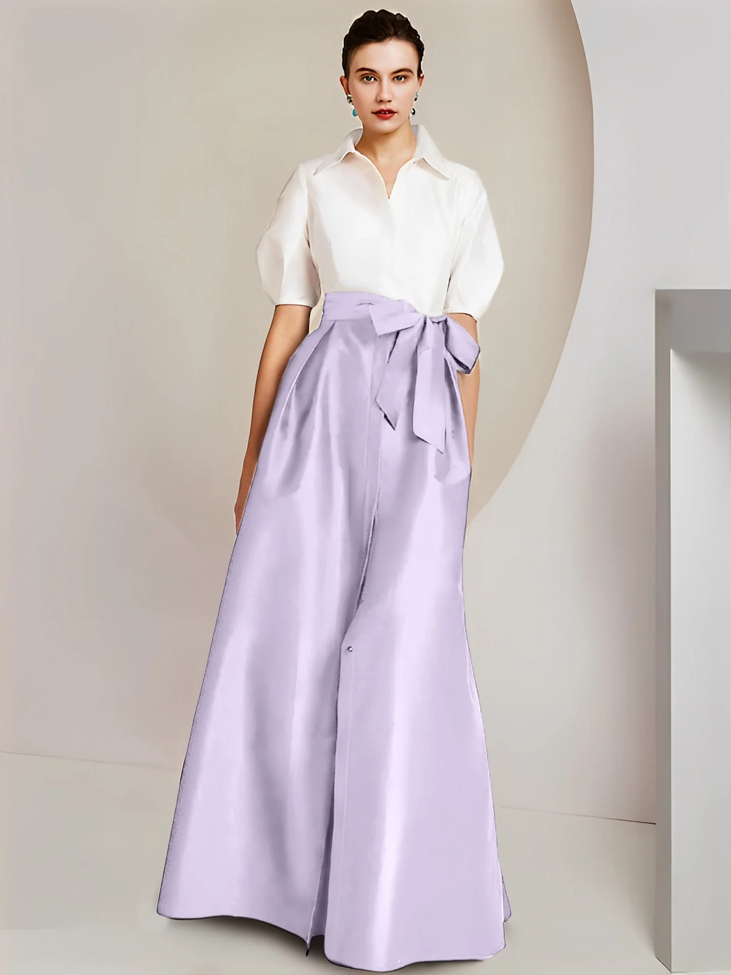 A-Line/Princess Shirt Collar Short Sleeves Floor-Length 2 pieces Mother Of The Bride Dresses with Bowknot - Image 43