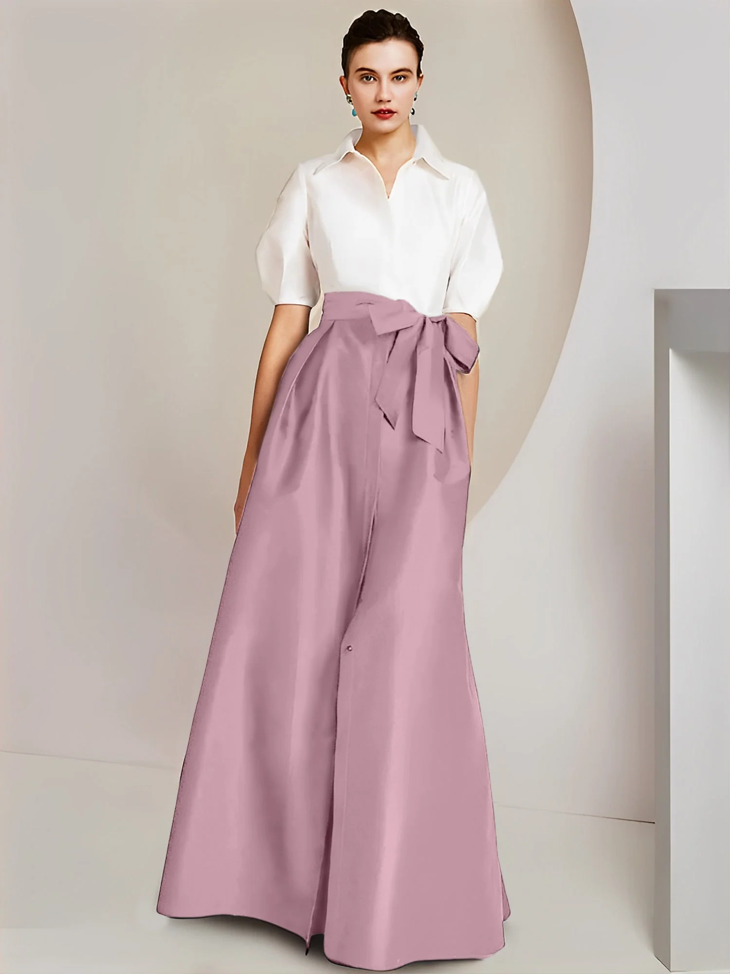A-Line/Princess Shirt Collar Short Sleeves Floor-Length 2 pieces Mother Of The Bride Dresses with Bowknot - Image 44