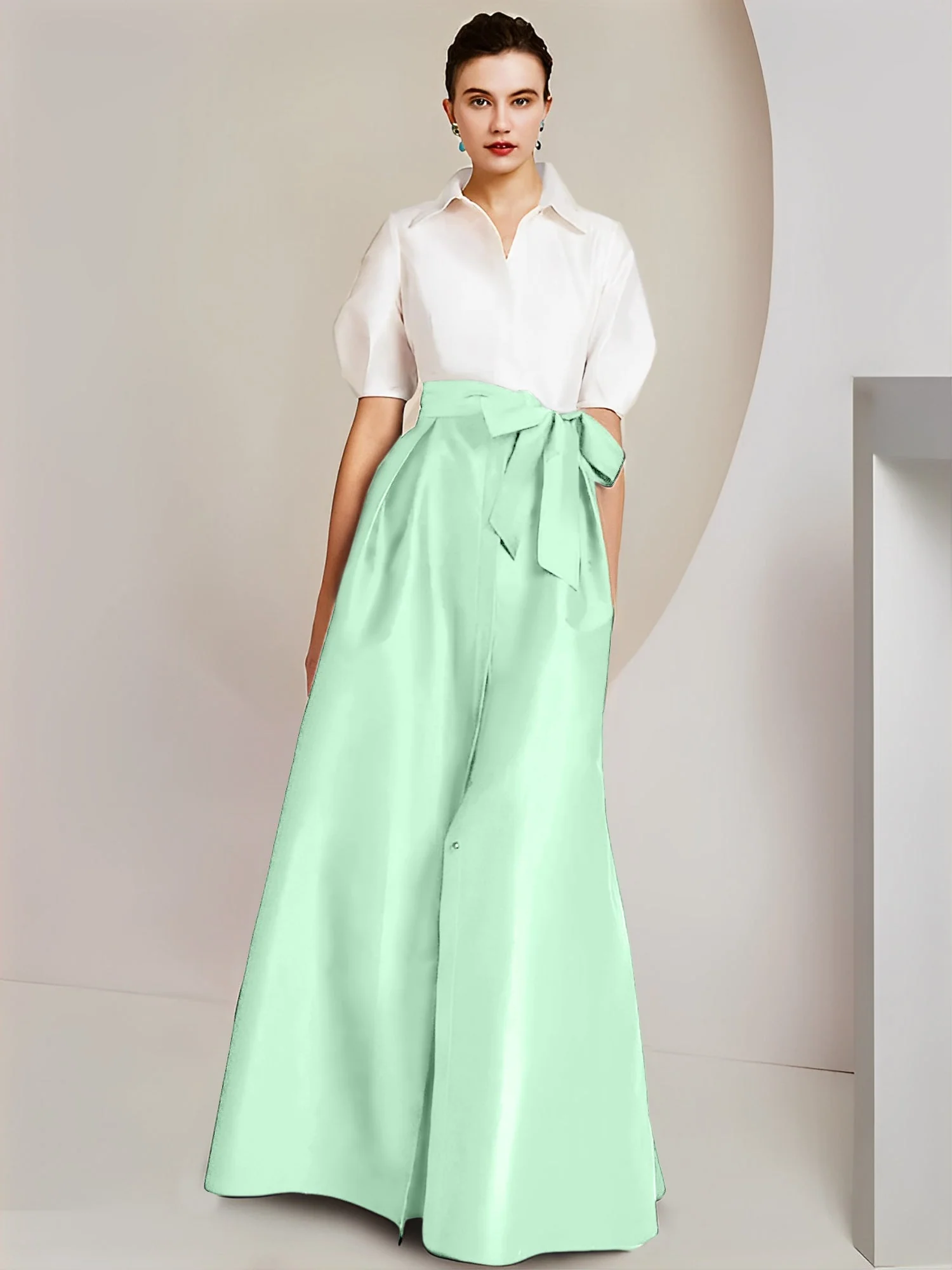 A-Line/Princess Shirt Collar Short Sleeves Floor-Length 2 pieces Mother Of The Bride Dresses with Bowknot - Image 46