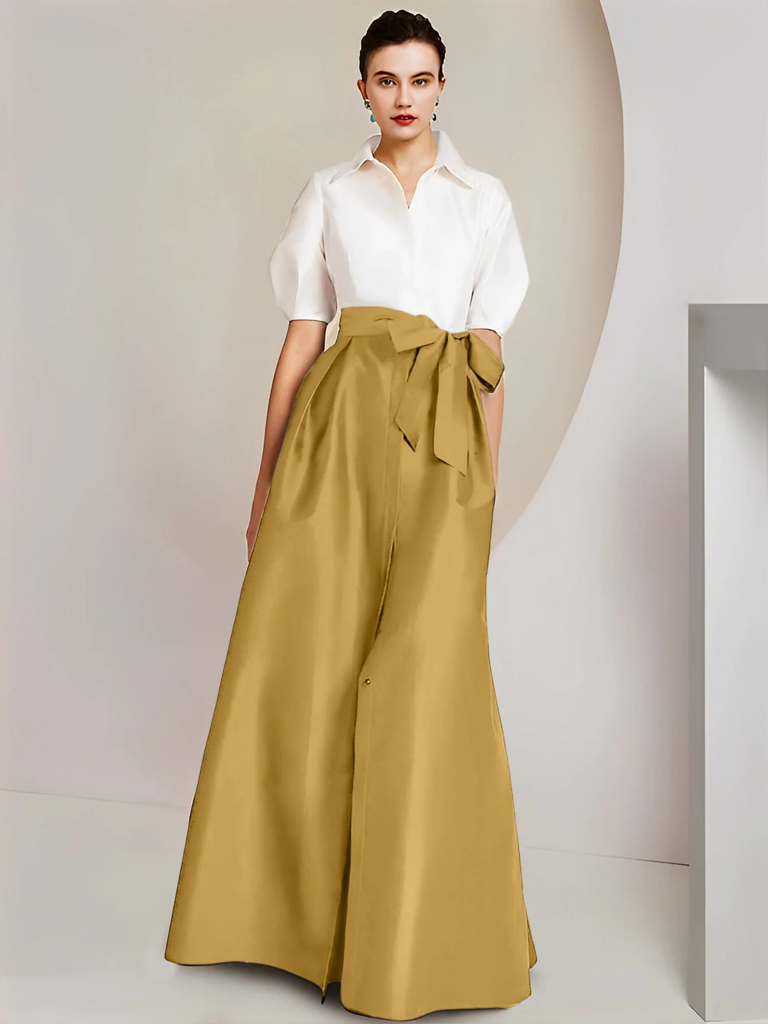 A-Line/Princess Shirt Collar Short Sleeves Floor-Length 2 pieces Mother Of The Bride Dresses with Bowknot - Image 48