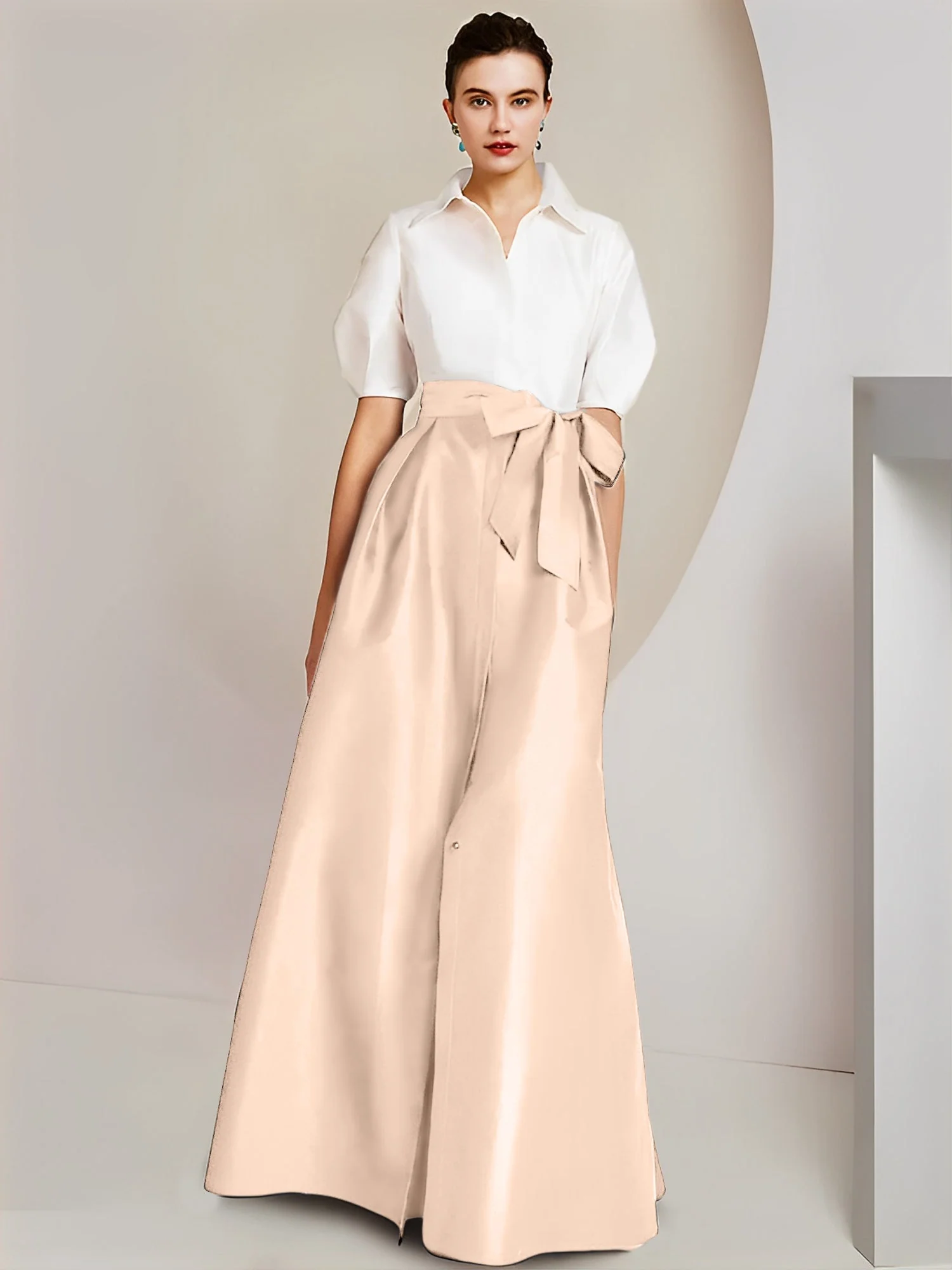 A-Line/Princess Shirt Collar Short Sleeves Floor-Length 2 pieces Mother Of The Bride Dresses with Bowknot - Image 53