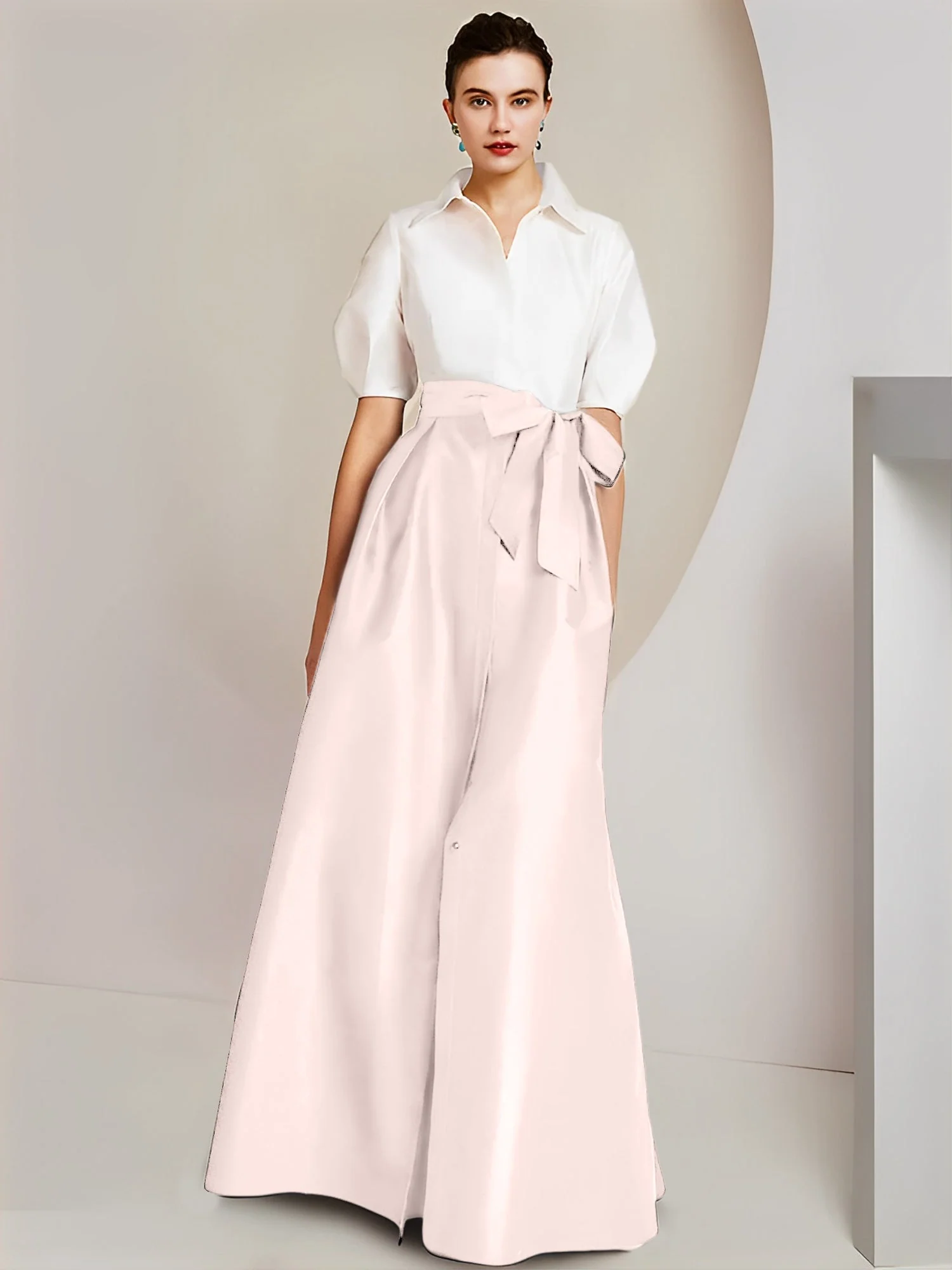 A-Line/Princess Shirt Collar Short Sleeves Floor-Length 2 pieces Mother Of The Bride Dresses with Bowknot - Image 55