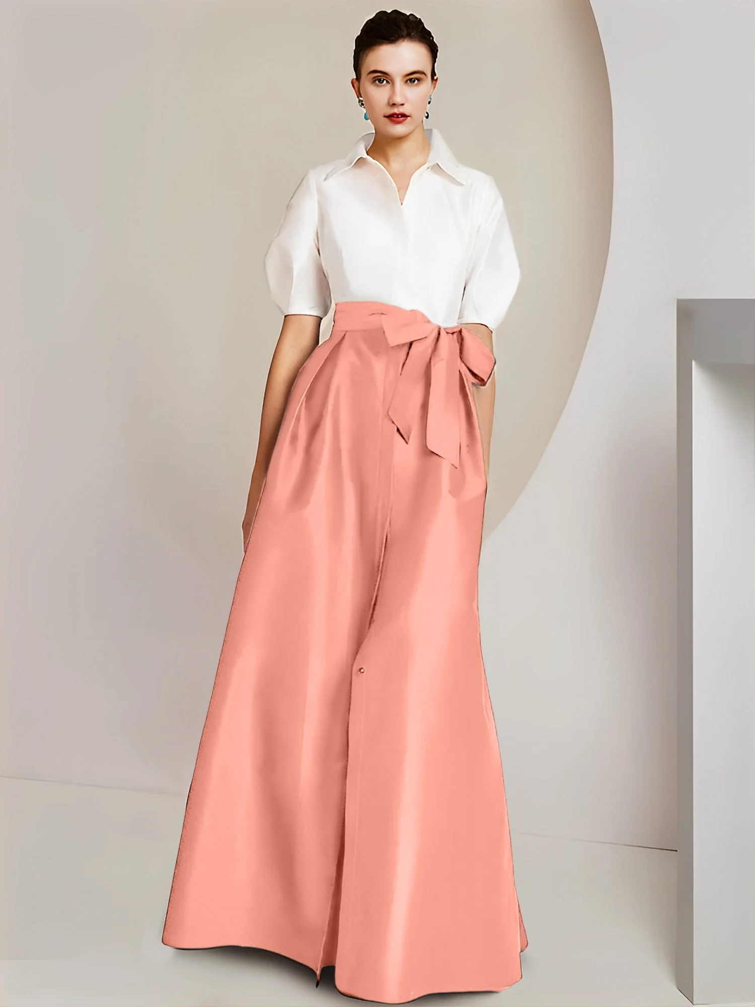 A-Line/Princess Shirt Collar Short Sleeves Floor-Length 2 pieces Mother Of The Bride Dresses with Bowknot - Image 62