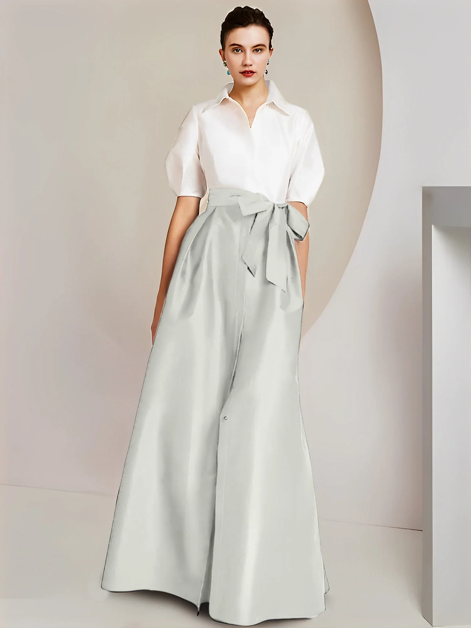 A-Line/Princess Shirt Collar Short Sleeves Floor-Length 2 pieces Mother Of The Bride Dresses with Bowknot - Image 63