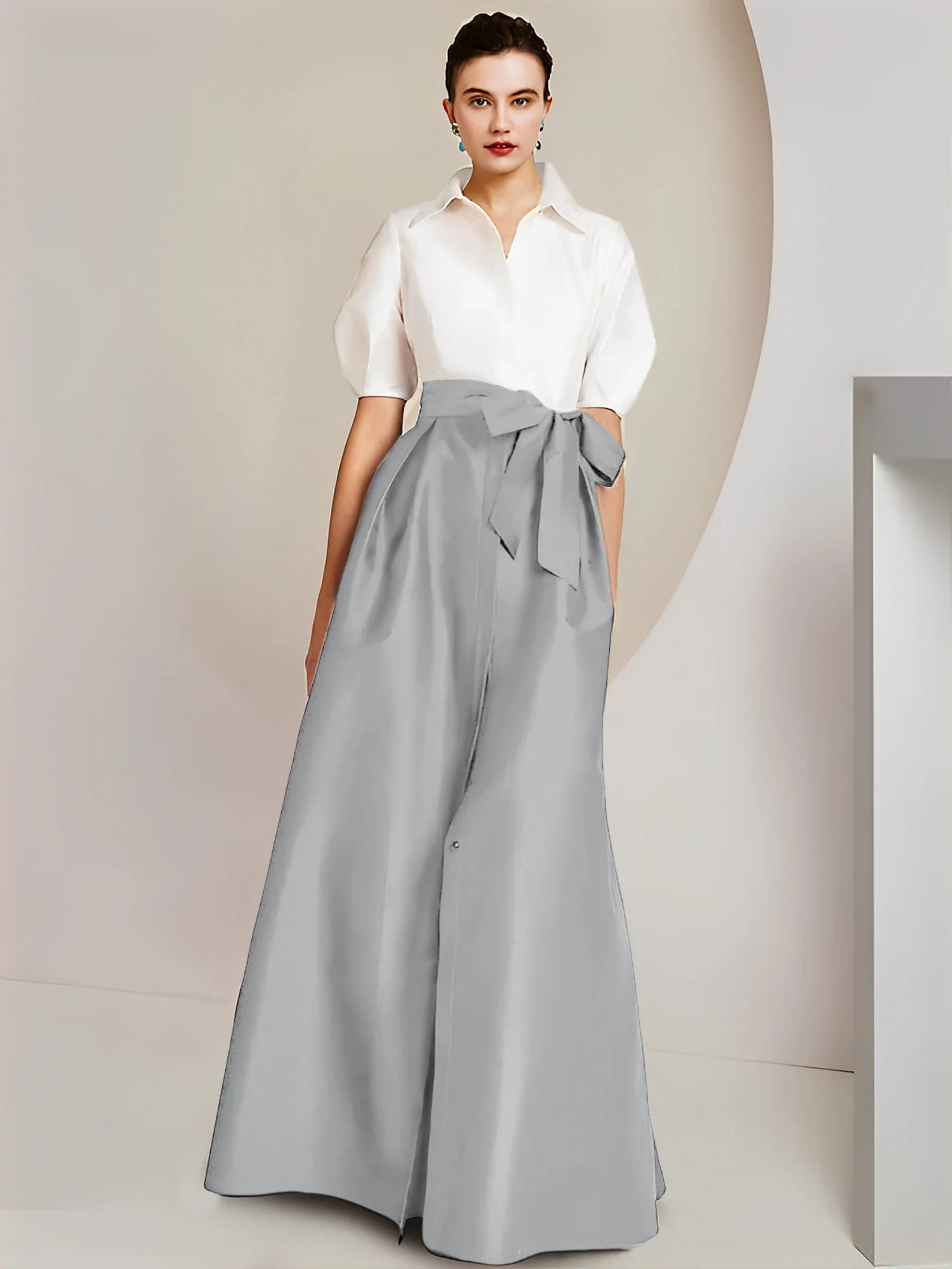 A-Line/Princess Shirt Collar Short Sleeves Floor-Length 2 pieces Mother Of The Bride Dresses with Bowknot - Image 64