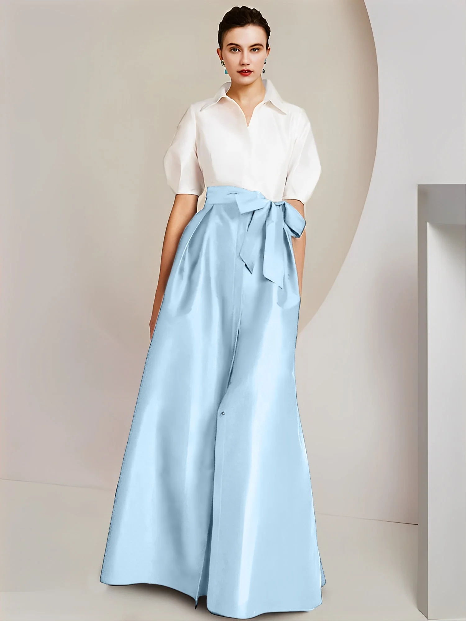 A-Line/Princess Shirt Collar Short Sleeves Floor-Length 2 pieces Mother Of The Bride Dresses with Bowknot - Image 65