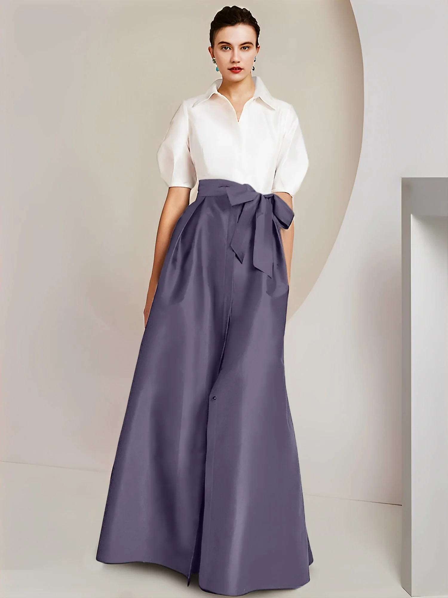 A-Line/Princess Shirt Collar Short Sleeves Floor-Length 2 pieces Mother Of The Bride Dresses with Bowknot - Image 67