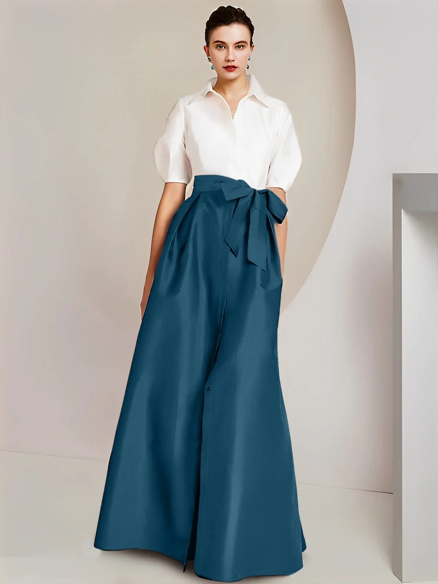 A-Line/Princess Shirt Collar Short Sleeves Floor-Length 2 pieces Mother Of The Bride Dresses with Bowknot - Image 68