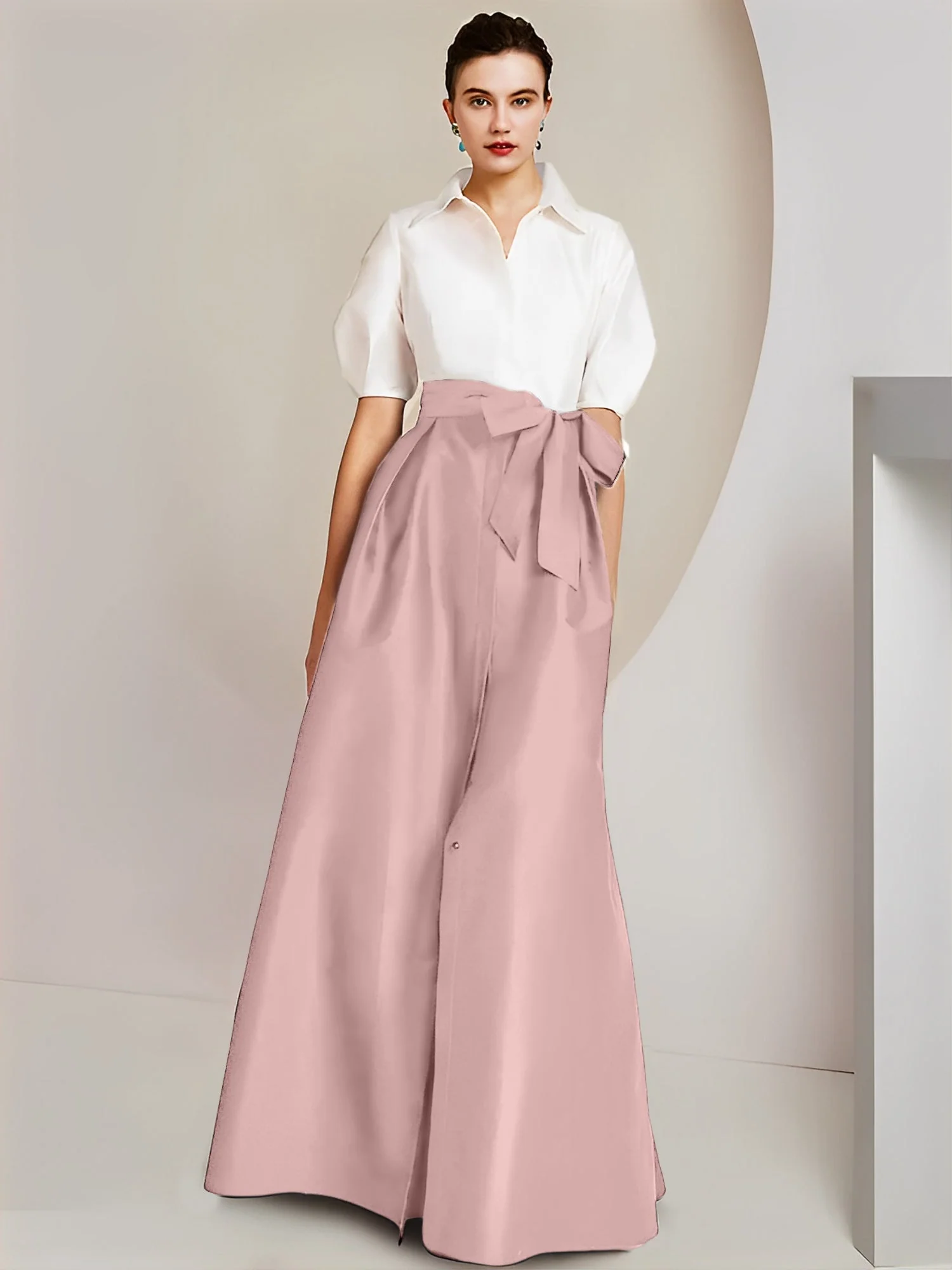 A-Line/Princess Shirt Collar Short Sleeves Floor-Length 2 pieces Mother Of The Bride Dresses with Bowknot - Image 7