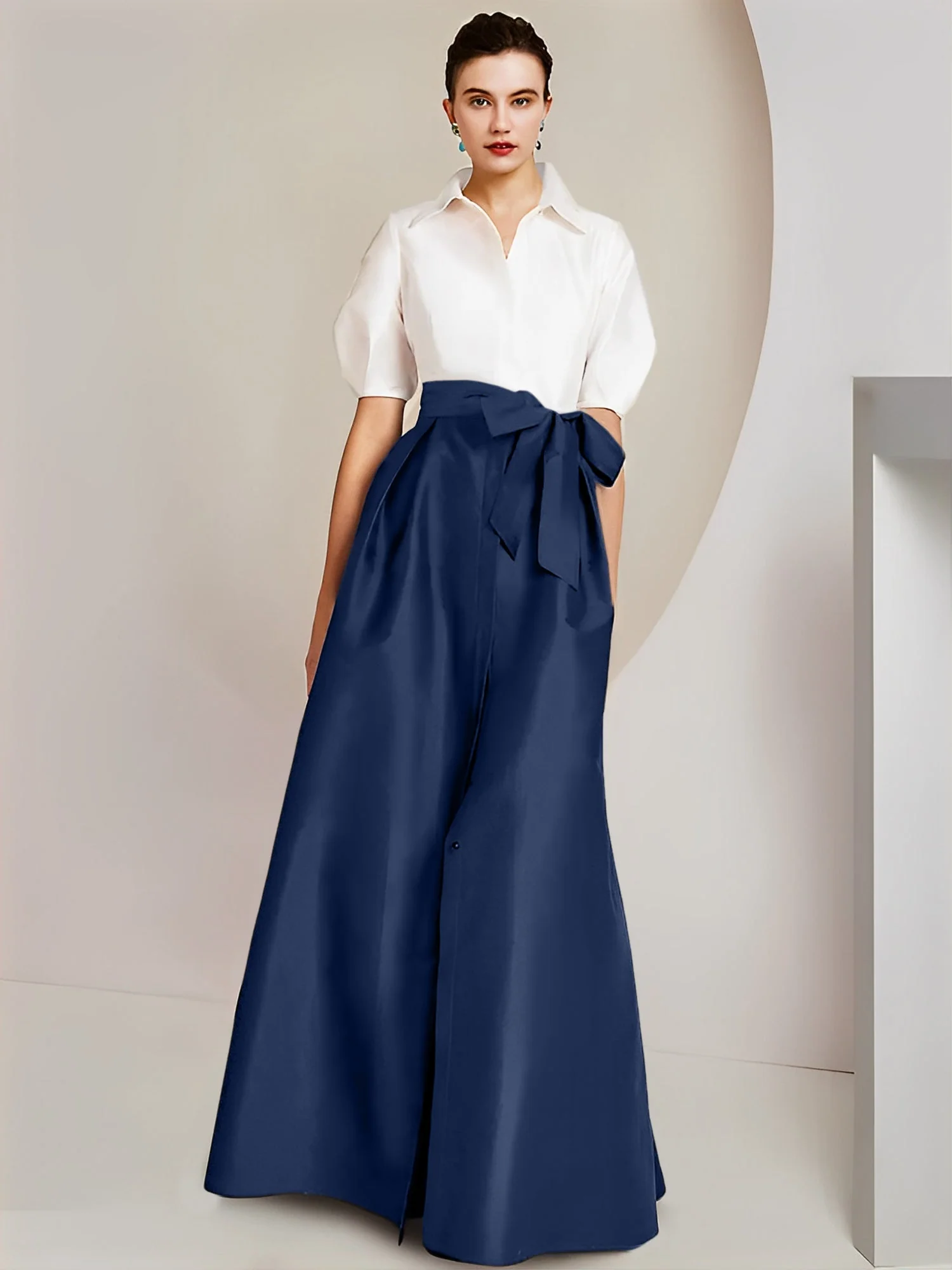 A-Line/Princess Shirt Collar Short Sleeves Floor-Length 2 pieces Mother Of The Bride Dresses with Bowknot - Image 8