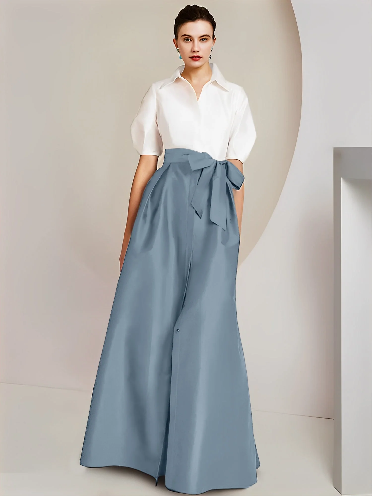A-Line/Princess Shirt Collar Short Sleeves Floor-Length 2 pieces Mother Of The Bride Dresses with Bowknot - Image 9
