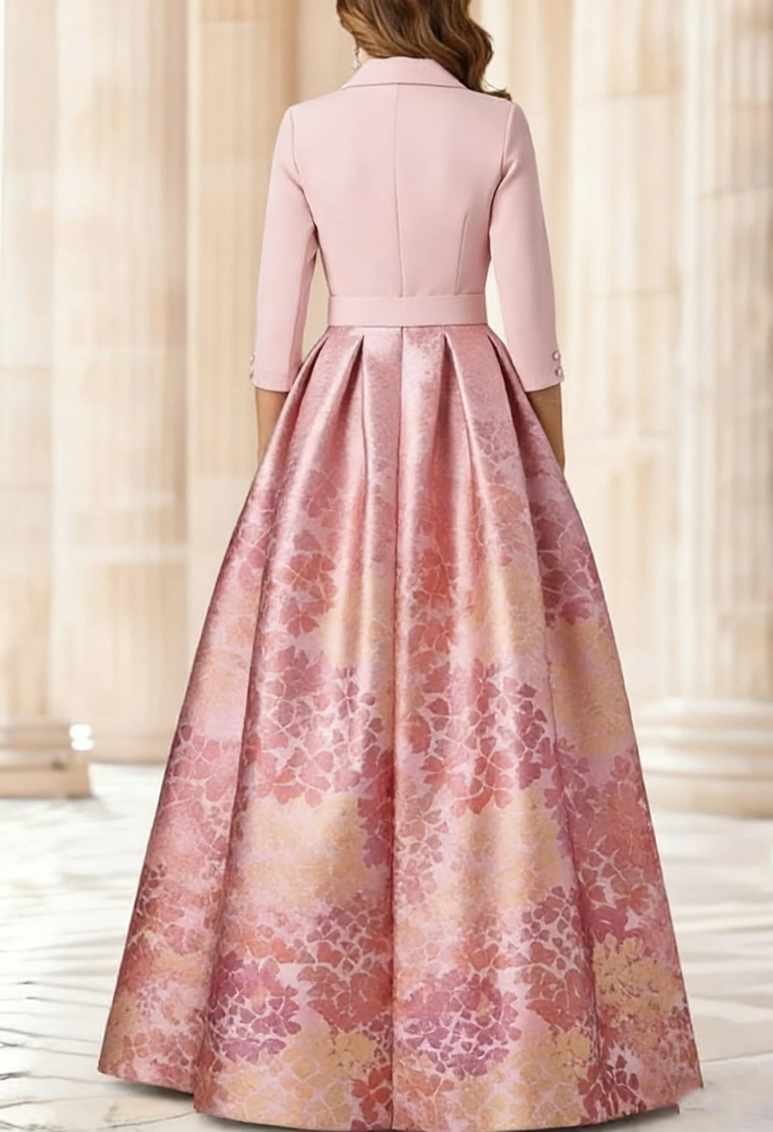 A-Line/Princess Shirt Collar Stretch Satin Mother of the Bride Dresses 3/4 Sleeves Printed Satin Floral Floor-Length - Image 2