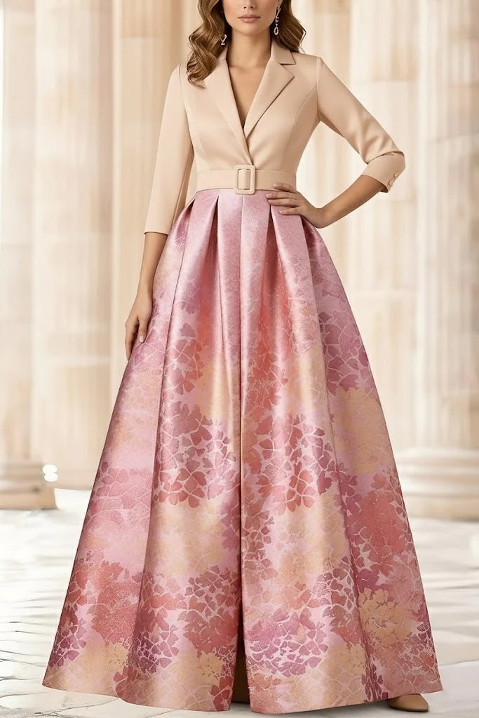 A-Line/Princess Shirt Collar Stretch Satin Mother of the Bride Dresses 3/4 Sleeves Printed Satin Floral Floor-Length - Image 3