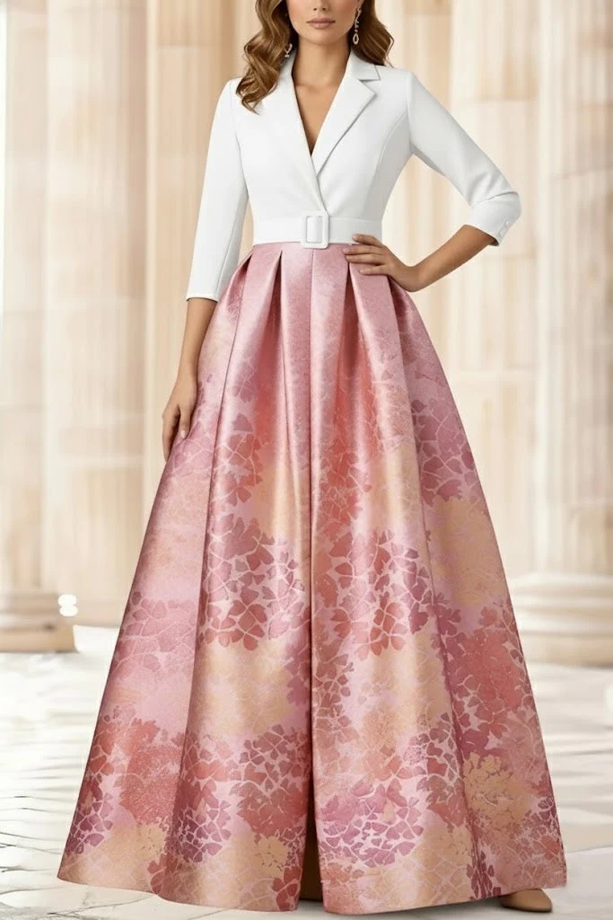 A-Line/Princess Shirt Collar Stretch Satin Mother of the Bride Dresses 3/4 Sleeves Printed Satin Floral Floor-Length - Image 4
