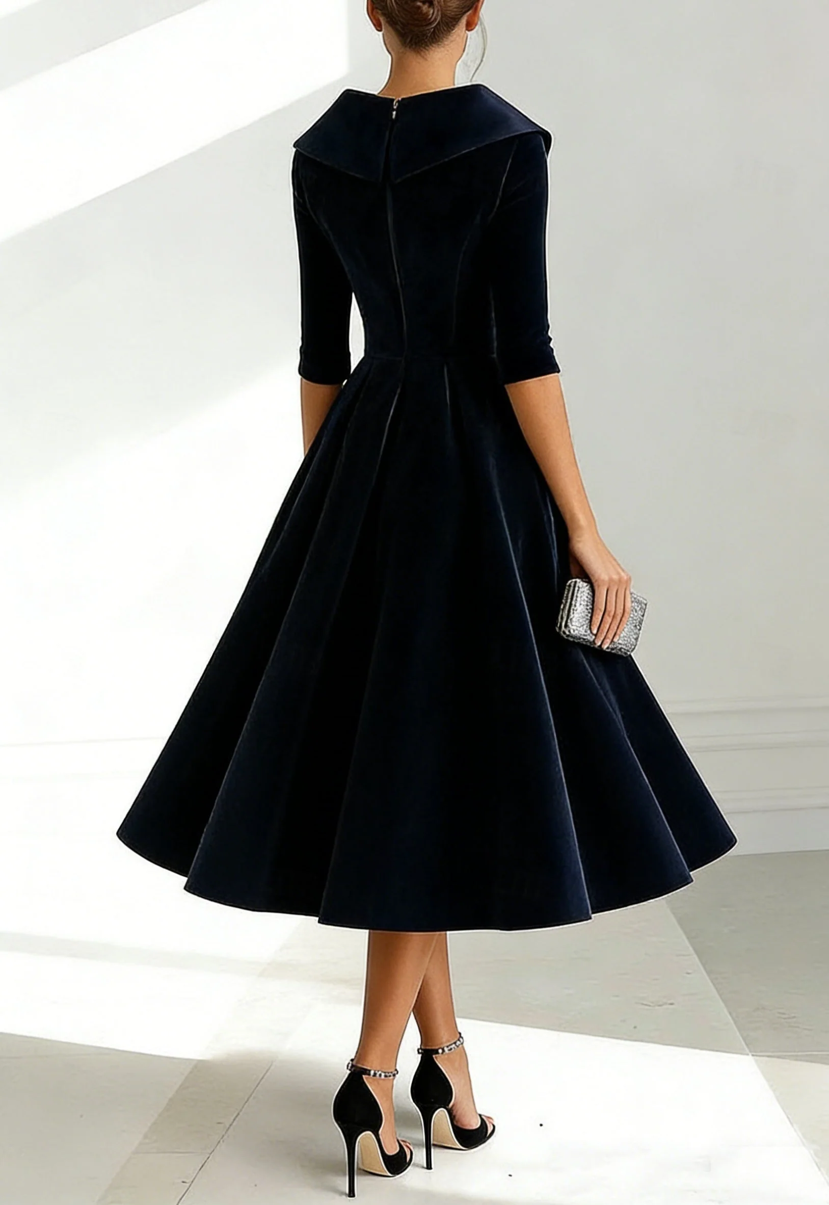 A-Line/Princess Shirt Collar Velvet Mother of the Bride Dresses Half Sleeves Tea-Length Ruffles - Image 2