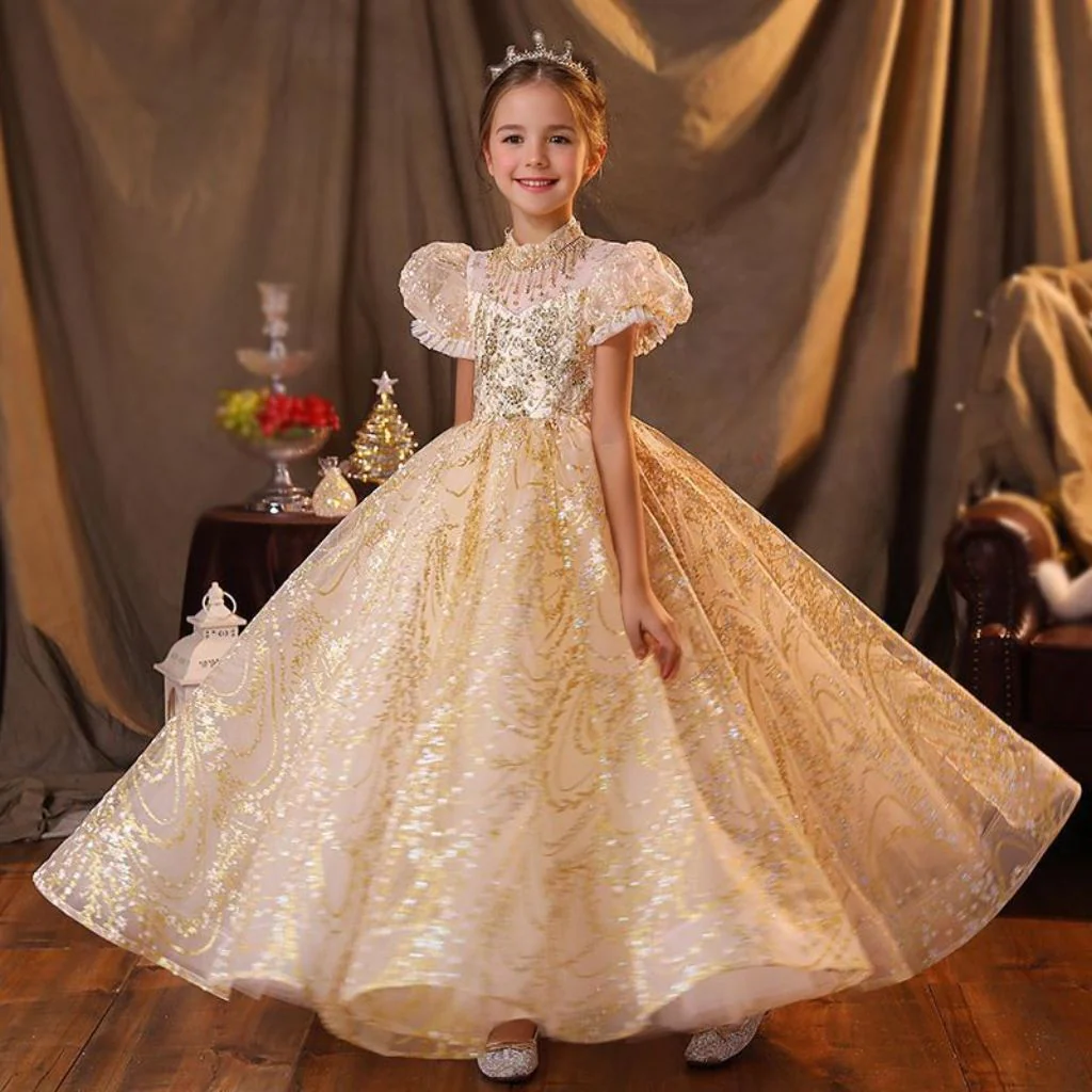 A-Line/Princess Short Sleeves Floor Length Girl Party Dress with Rhinestone Appliques - Image 3