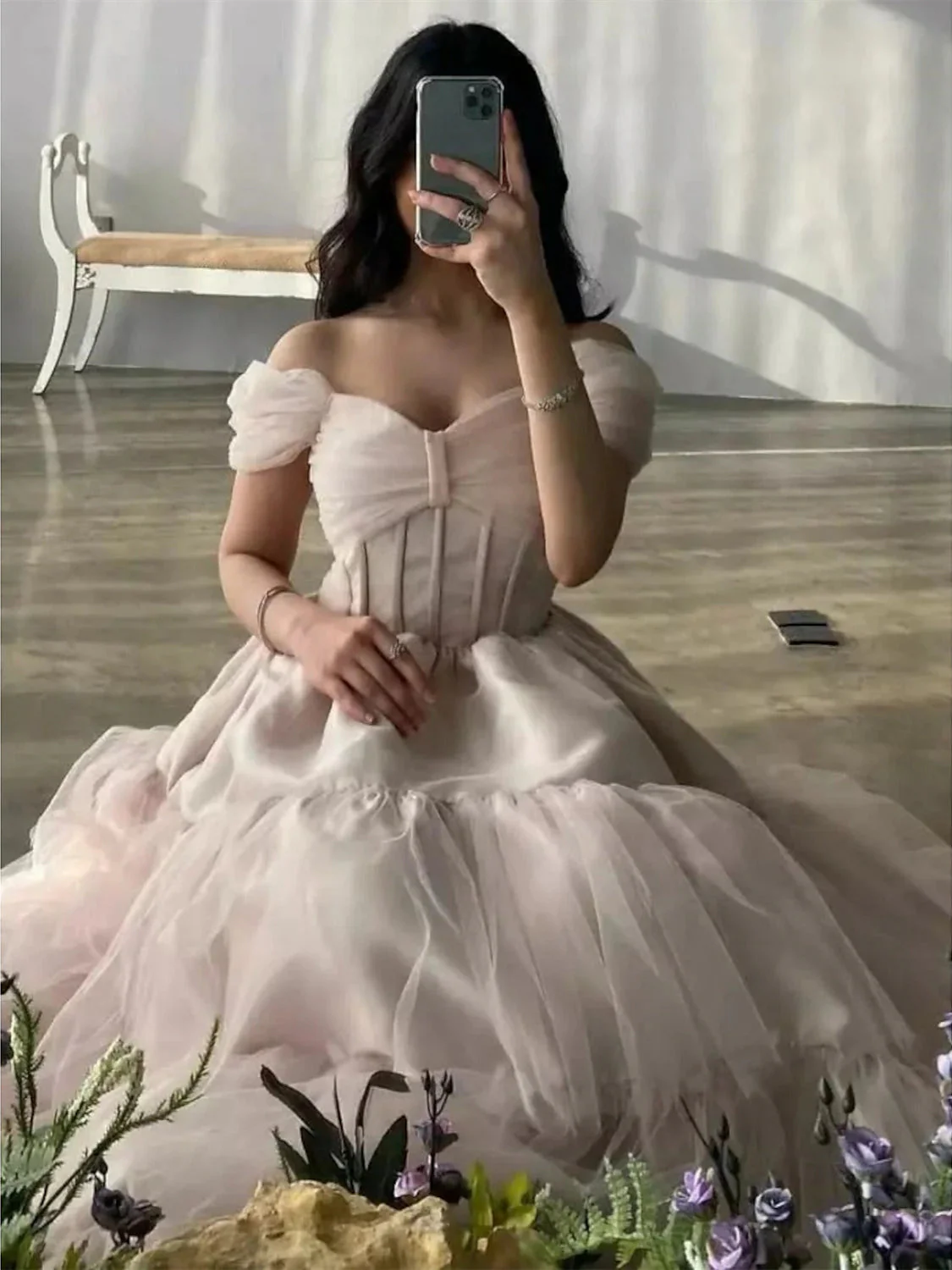 A-Line/Princess Short Sleeves Off-the-Shoulder Evening Dresses With Pleats - Image 3
