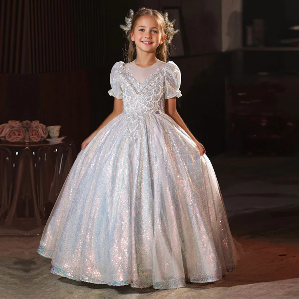 A-Line/Princess Short Sleeves Shining Flower Girl Party Dress with Rhinestone Appliques