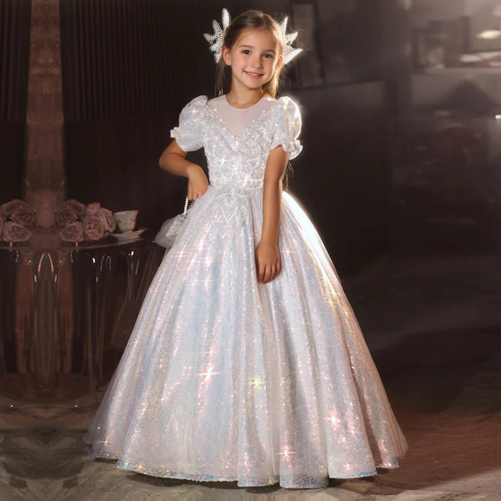 A-Line/Princess Short Sleeves Shining Flower Girl Party Dress with Rhinestone Appliques - Image 3