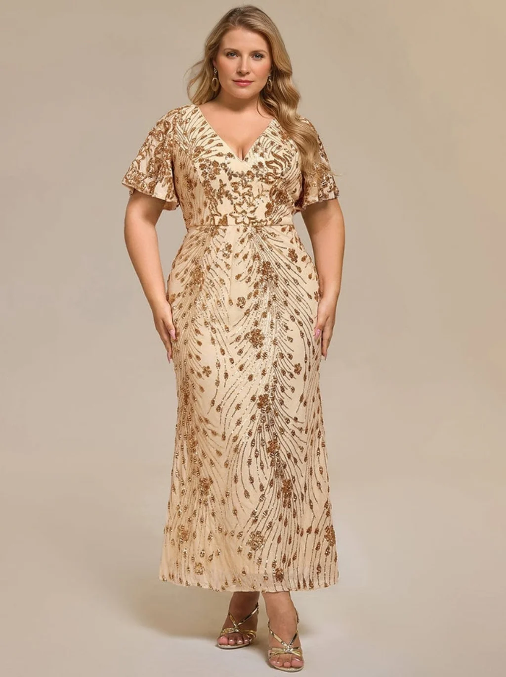 A-Line/Princess Short Sleeves Tea-Length Plus Size Mother of the Bride Dresses with Sequins - Image 5