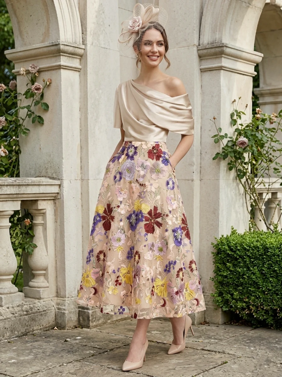 A-Line/Princess Silk Satin One-Shoulder Mother of the Bride Dresses Tea Length Short Sleeves Lace Floral