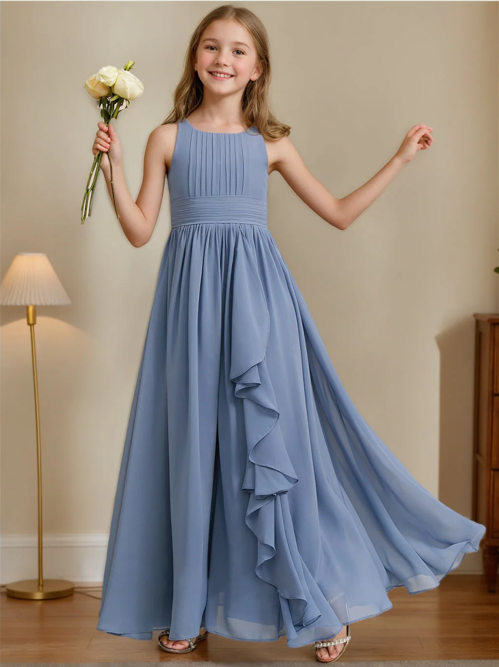 A-Line/Princess Sleeveless Floor-Length Junior Bridesmaid Dress with Ruffles - Image 3