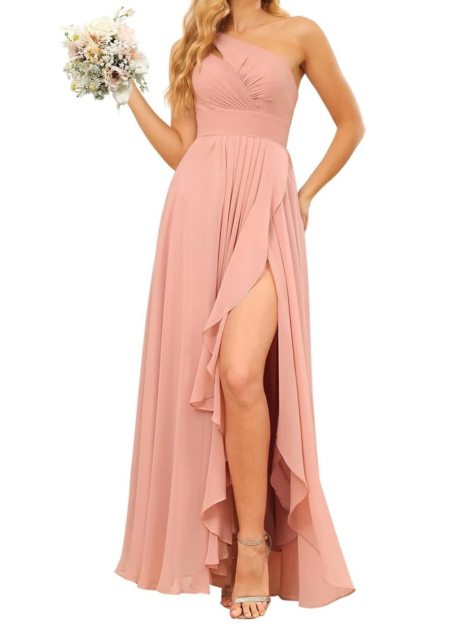 A Line/Princess Sleeveless One Shoulder Floor-Length Bridesmaid Dresses - Image 3
