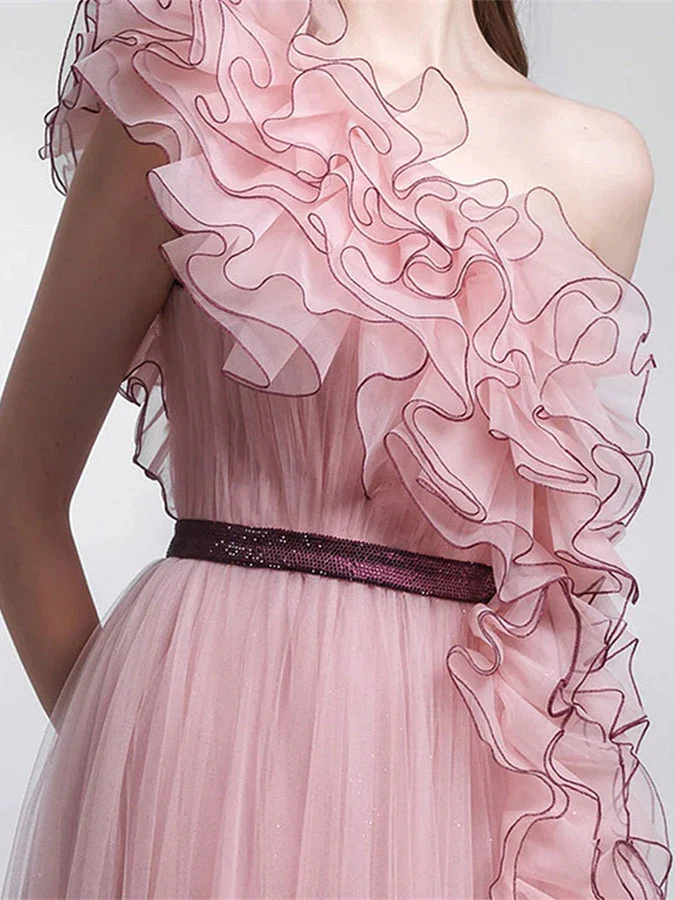 A-Line/Princess Sleeveless One Shoulder Ruffled Mesh Evening Dresses - Image 3