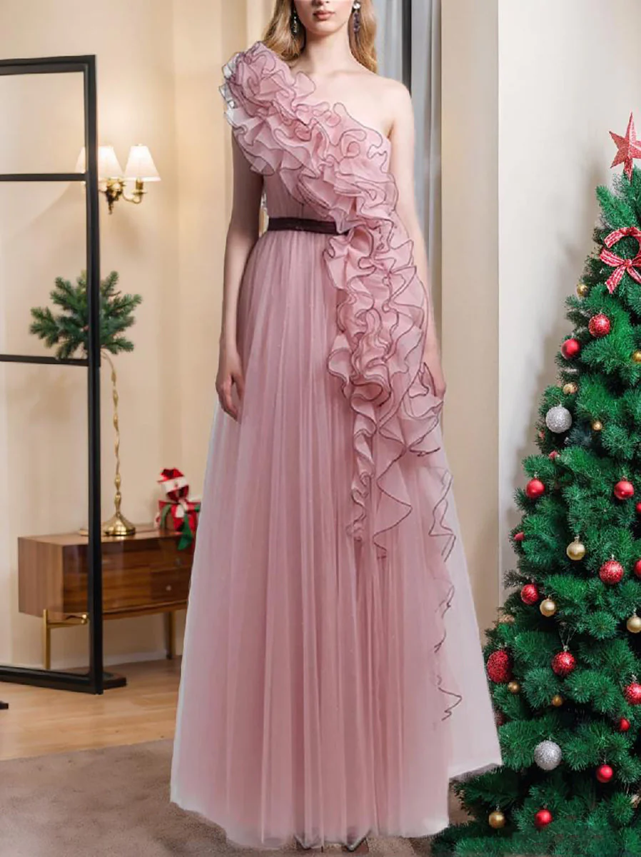 A-Line/Princess Sleeveless One Shoulder Ruffled Mesh Evening Dresses - Image 4