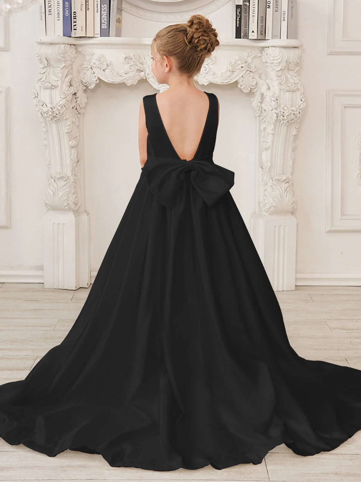 A-Line Princess Sleeveless Satin Flower Girl Dress with Sweep Train and Bow - Image 11