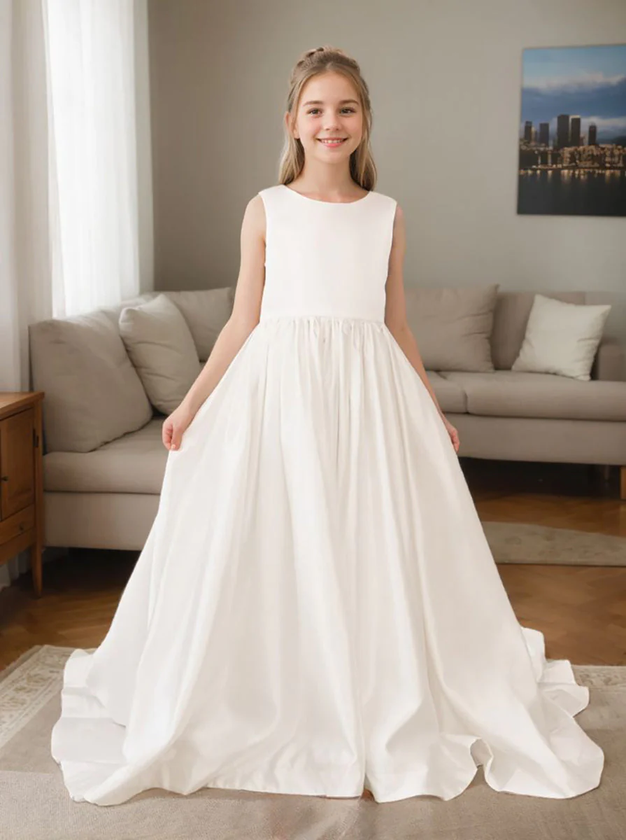 A-Line Princess Sleeveless Satin Flower Girl Dress with Sweep Train and Bow - Image 3