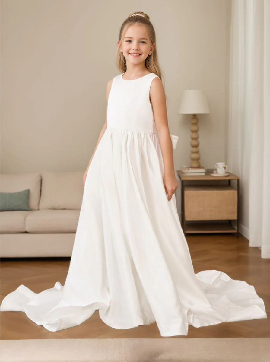 A-Line Princess Sleeveless Satin Flower Girl Dress with Sweep Train and Bow - Image 4